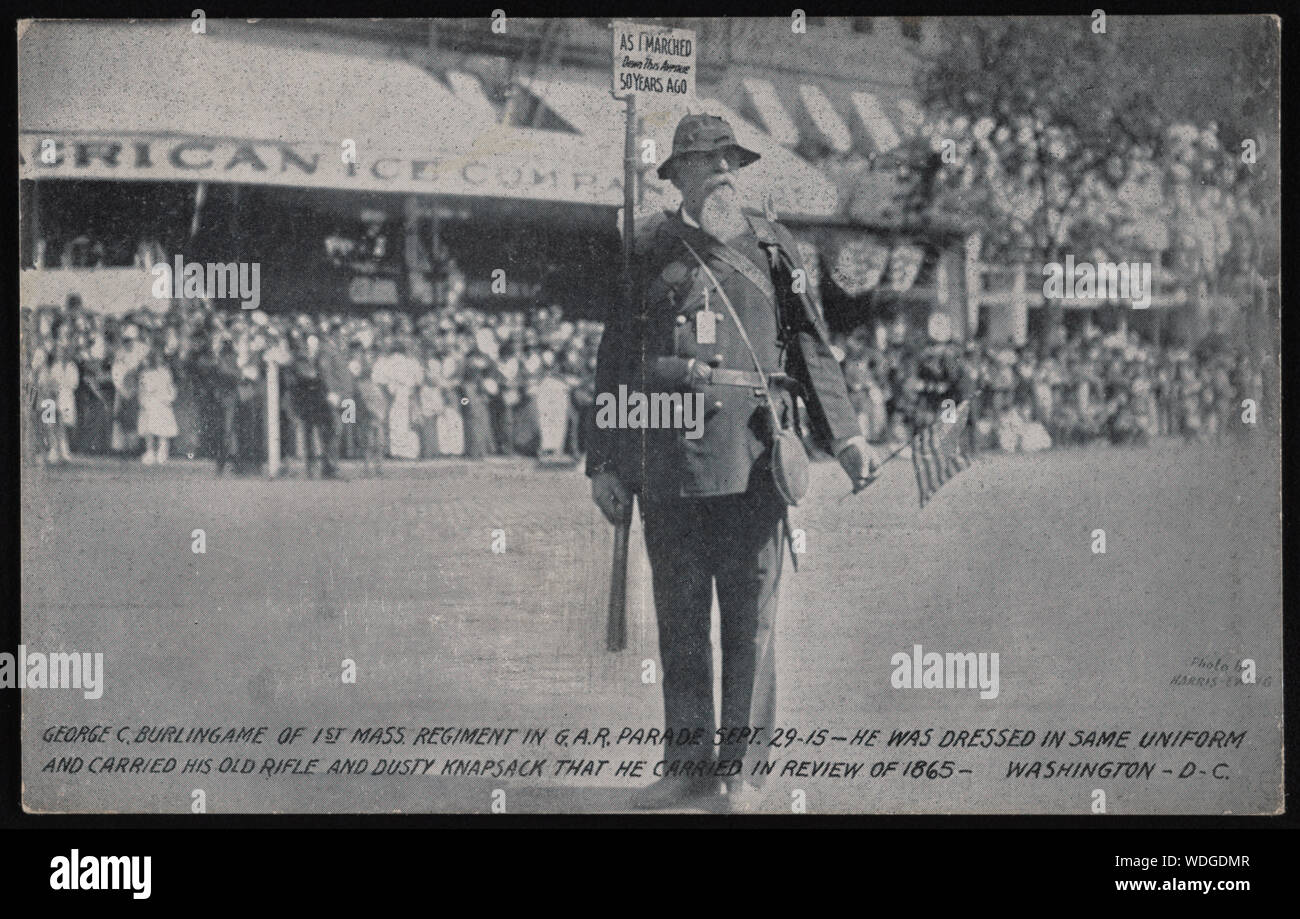 George C. [i.e. Burlingame of 1st Mass. Regiment G.A.R. parade of Sept. 29-15 - he dressed in same uniform and carried his old rifle and dusty knapsack that he
