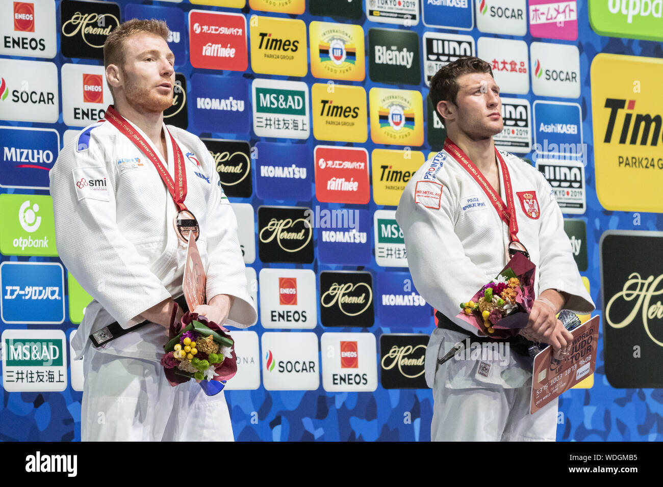 Tokyo, Japan. 29th Aug, 2019. (L to R) Bronze medalists Axel Clerget of France and Nemanja Majdov of Servia, pose for the cameras during the award ceremony of the men's -90kg category of the World Judo Championships Tokyo 2019 at Nippon Budokan. The World Judo Championships Tokyo 2019 is held from August 25 to September 1st. Credit: Rodrigo Reyes Marin/ZUMA Wire/Alamy Live News Stock Photo