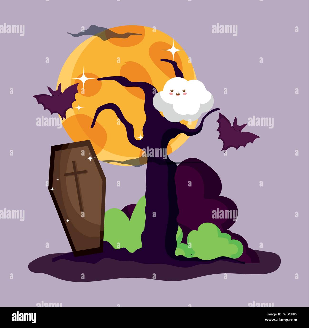 coffin tree and cloud cartoon trick or treat - happy halloween vector ...