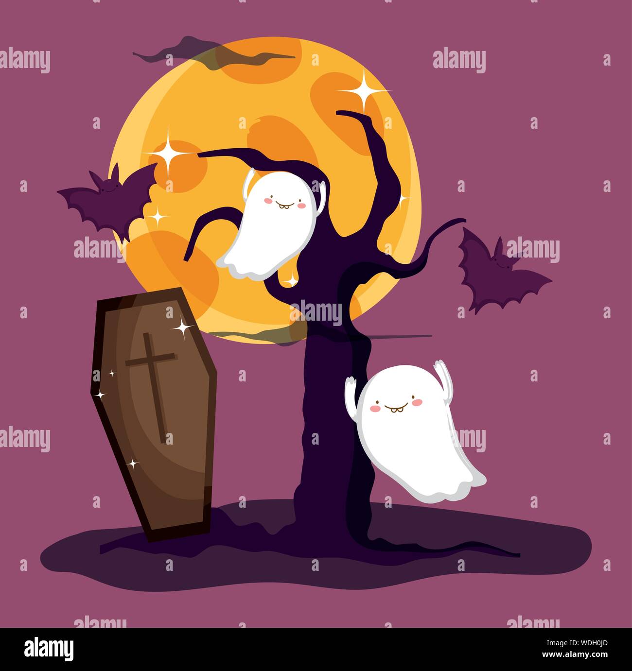 coffin and ghosts bat night trick or treat happy halloween vector