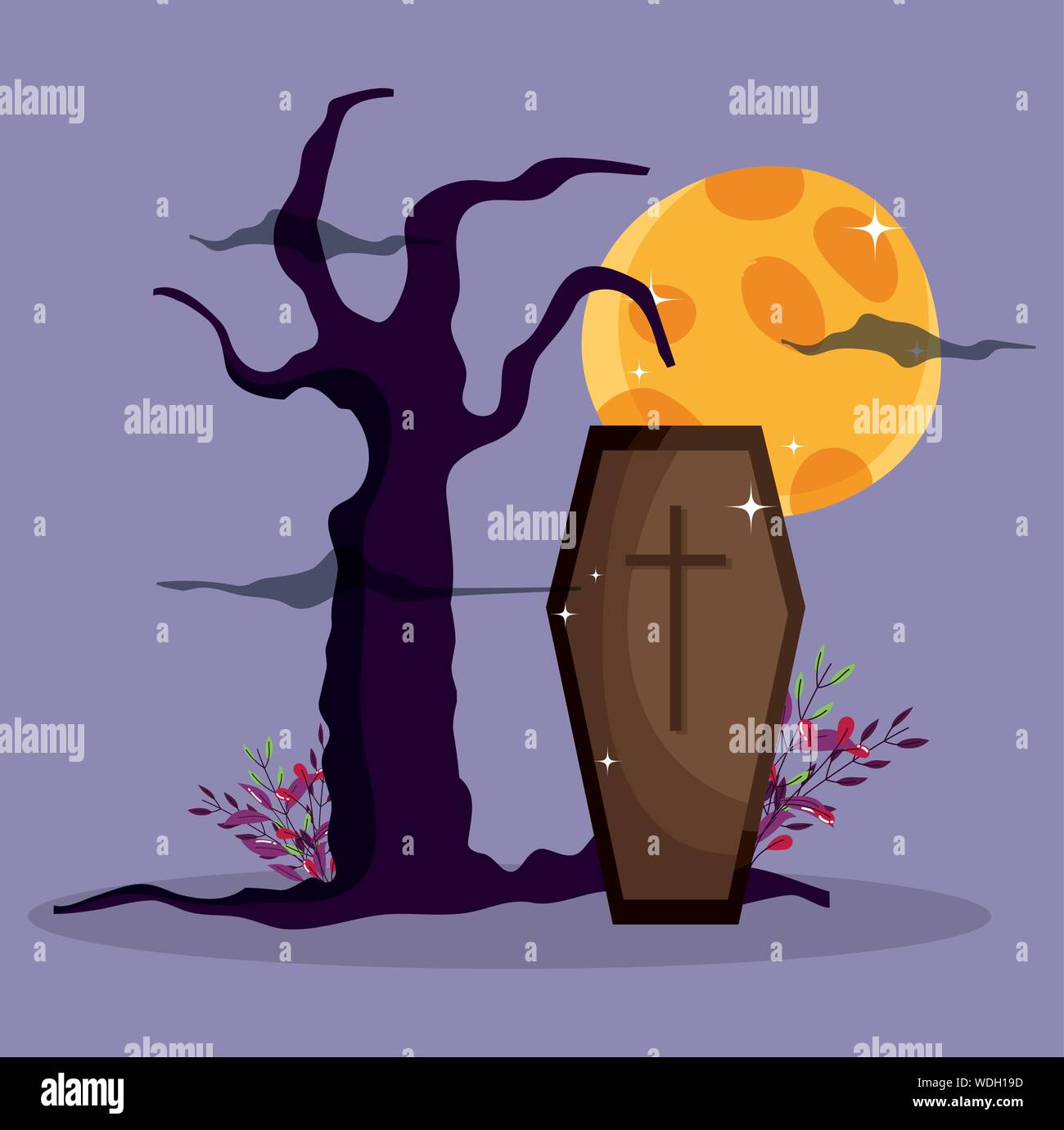 coffin tree moon night trick or treat - happy halloween vector ...