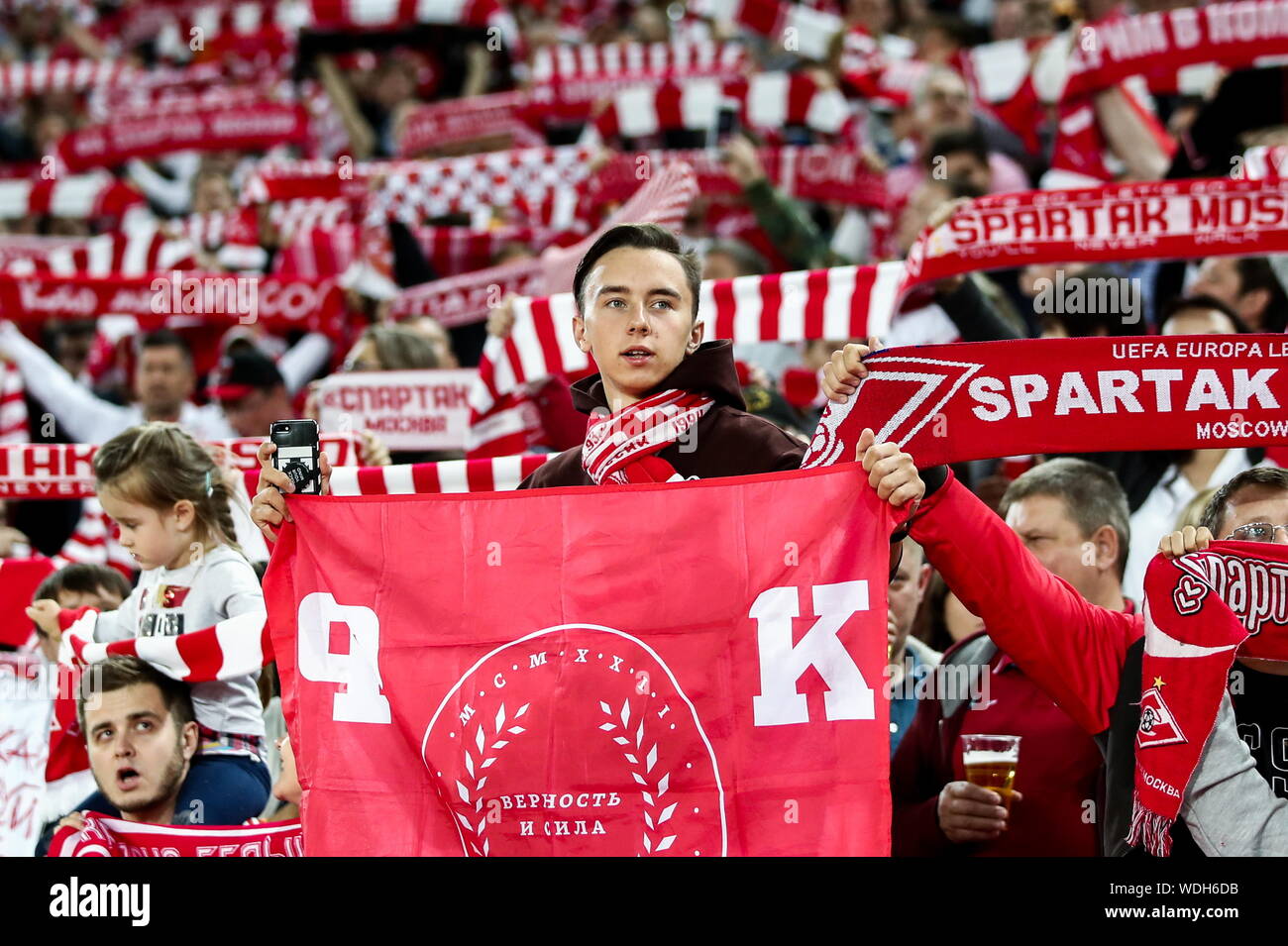 Moscow Russia 29th Aug 2019 Moscow Russia August 29 2019 Spartak Moscow Supporters Hold Up Fan Scarves During The Second Leg Of A 2019 20 Uefa Europa League Play Off Football Match Between