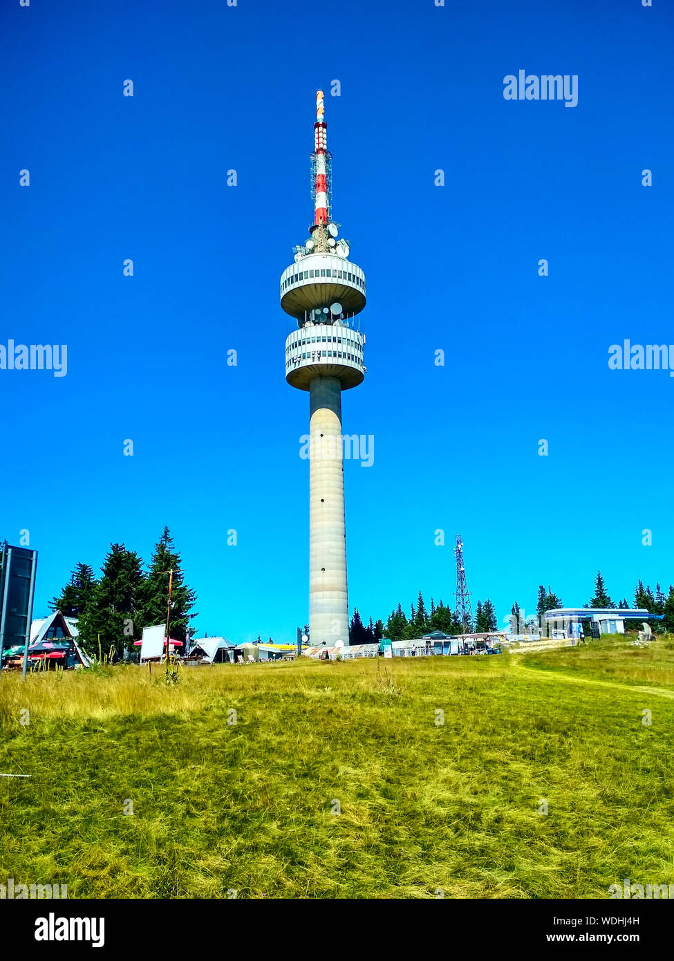 View of peak Snezhanka, TV tower, Pamporovo, Bulgaria ski resort in summer Stock Photo