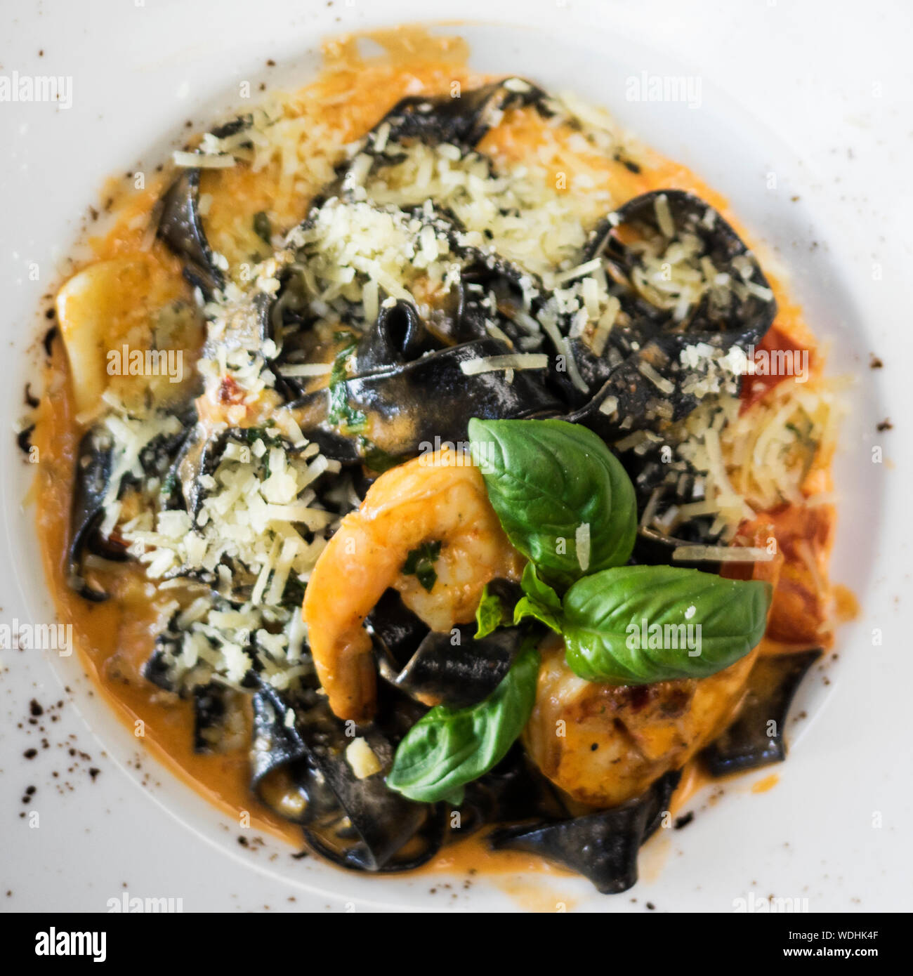 Directly Above Shot Of Fettuccine With Shrimps Served In Plate On Table Stock Photo