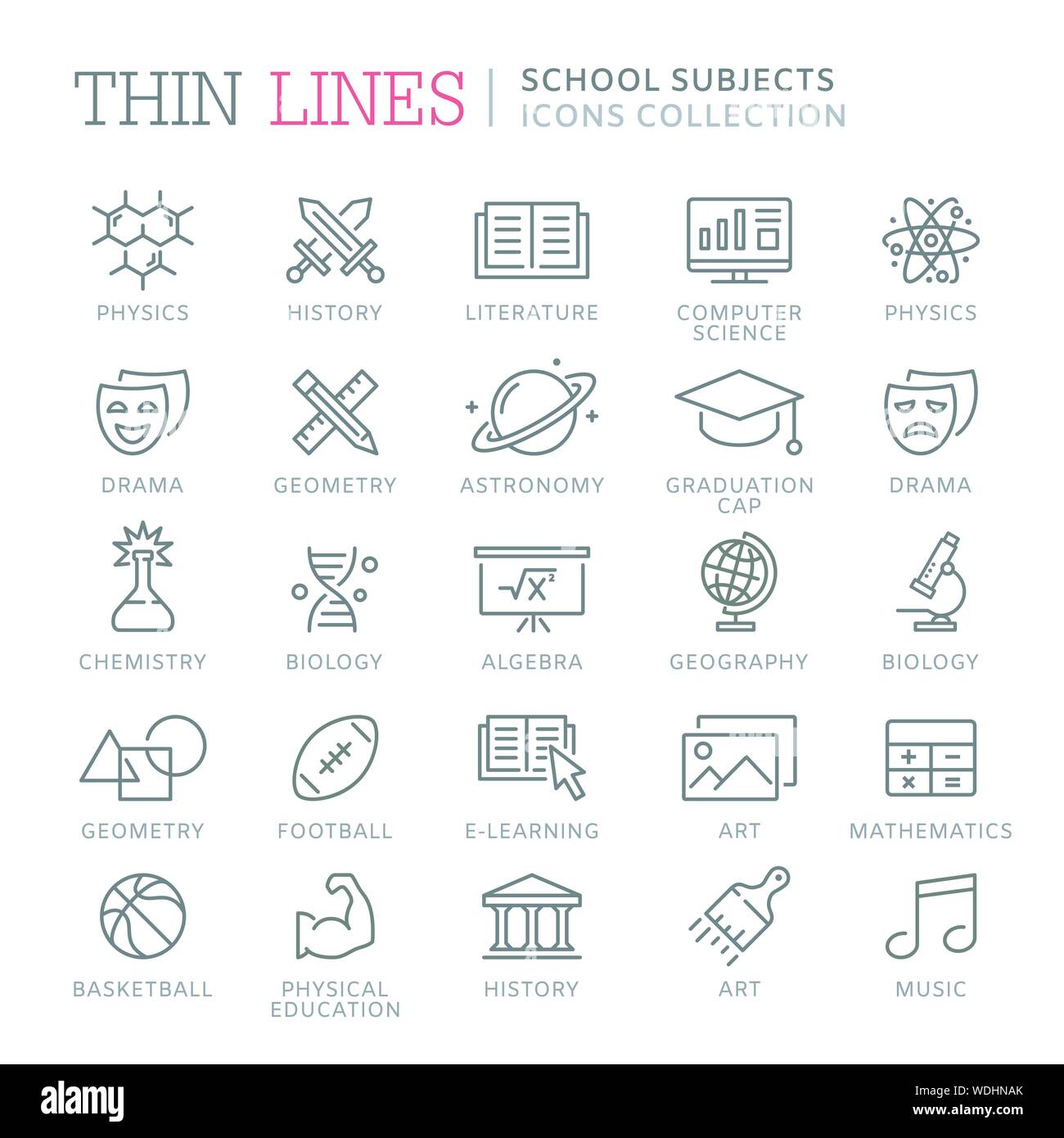 Collection of school subjects thin line icons. Vector eps 8 Stock Vector