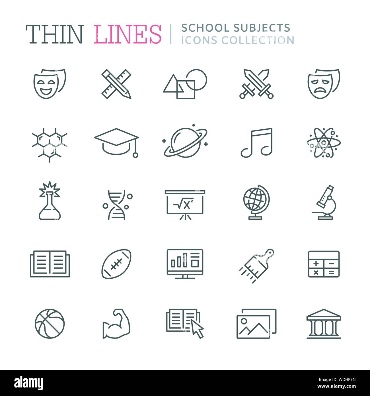 Collection of school subjects thin line icons. Vector eps 8 Stock Vector