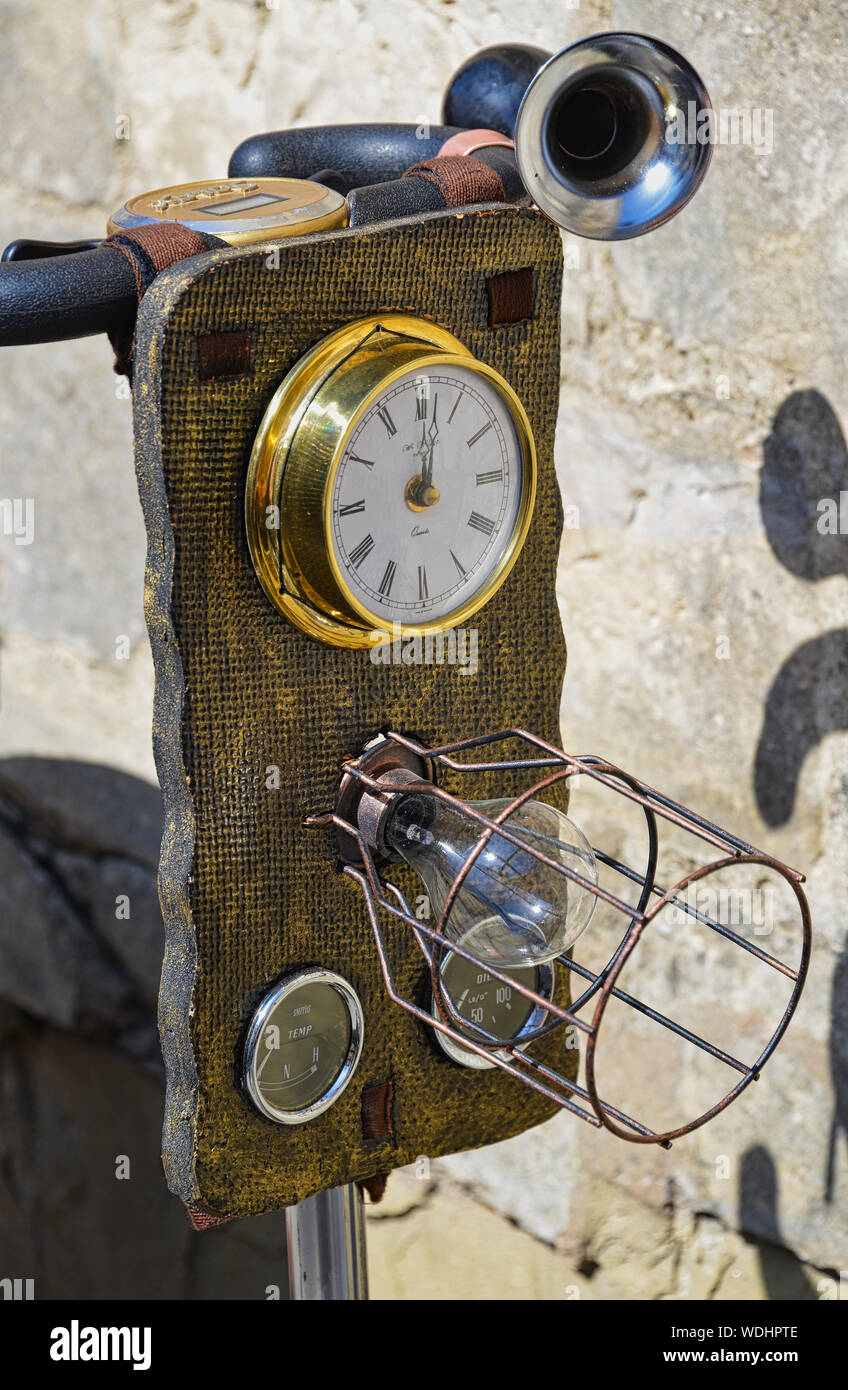 Steampunk machinery, industrial accessories, mechanism,  science-fiction, post-apocalyptic, Lincoln Asylum Festival August 2019, UK Stock Photo