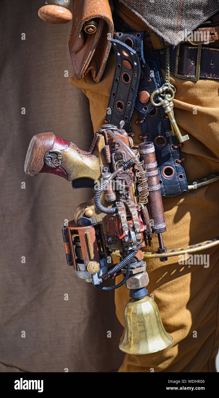 Lincoln Asylum Festival August 2019, UK, Steampunk gun, industrial accessories, mechanism,  science-fiction, post-apocalyptic Stock Photo