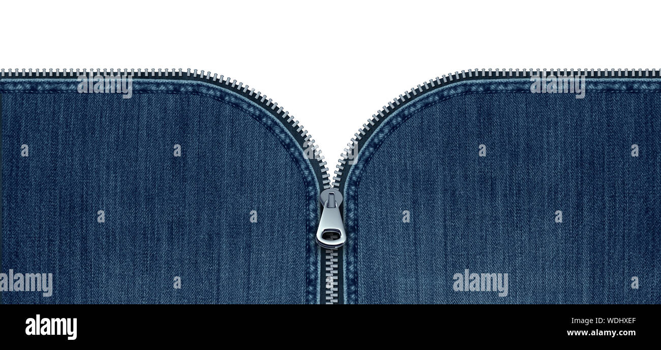 Zipper on jeans concept as an open interlocking metal fastener on blue denim clothing or garment textile as a symbol for revealing a message. Stock Photo