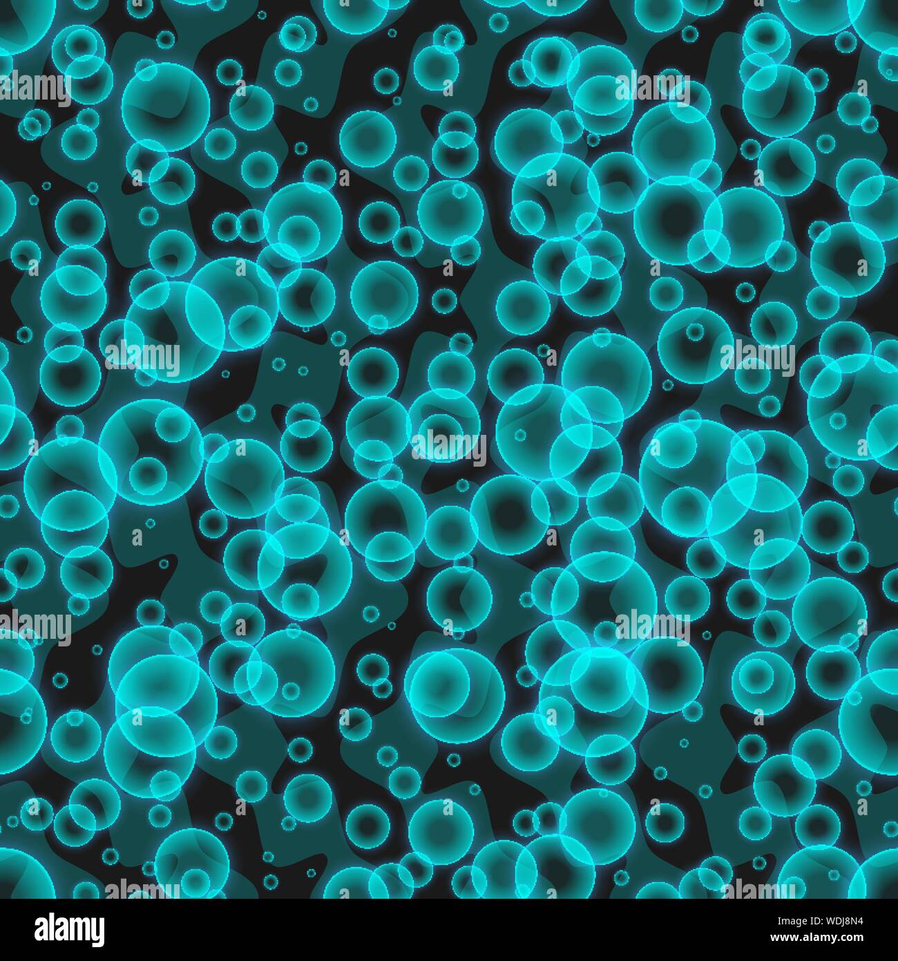 Seamless background with cyan transparent glowing bubbles on dark background Stock Vector