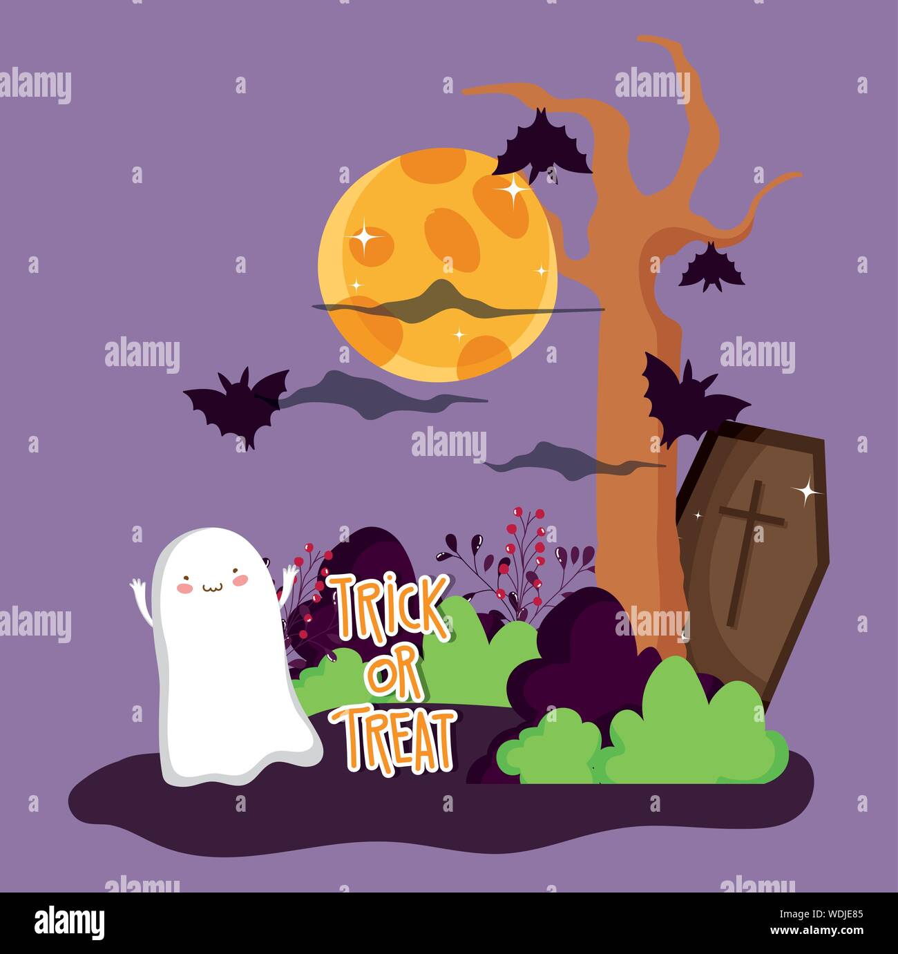 ghost coffin bats tree night trick or treat - happy halloween vector ...