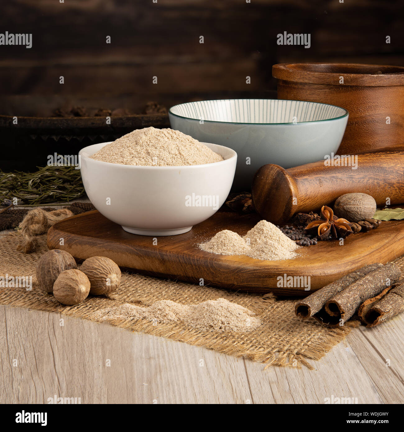 Psyllium Husk in a bowl and food preparation and kitchen set Stock
