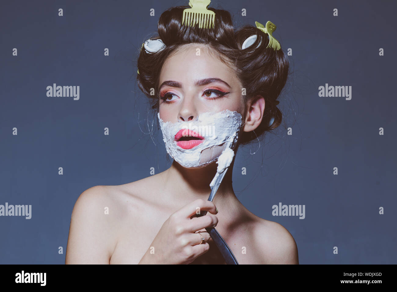 Morning Grooming And Skincare Pin Up Woman With Trendy Makeup