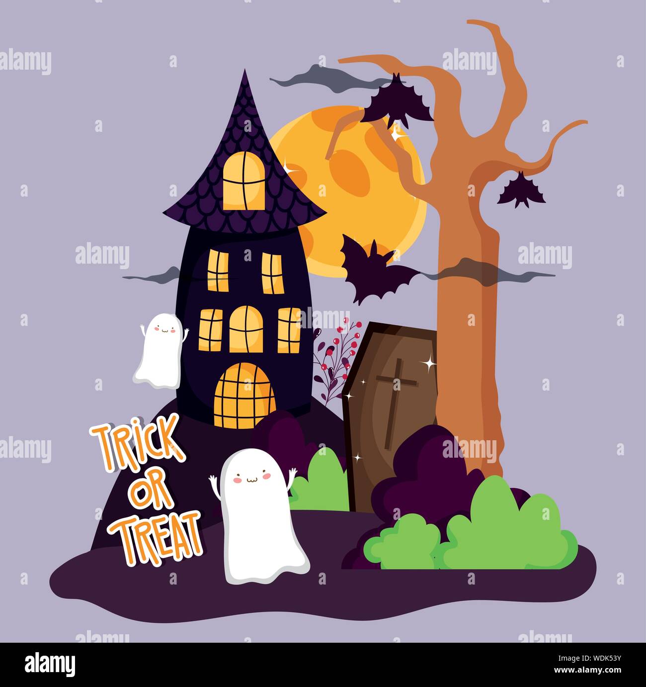 ghost coffin creepy castle trick or treat - happy halloween vector ...