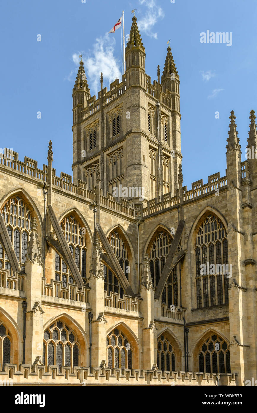 BATH, ENGLAND JULY 2019 Exterior view of Bath Abbey, an Anglican