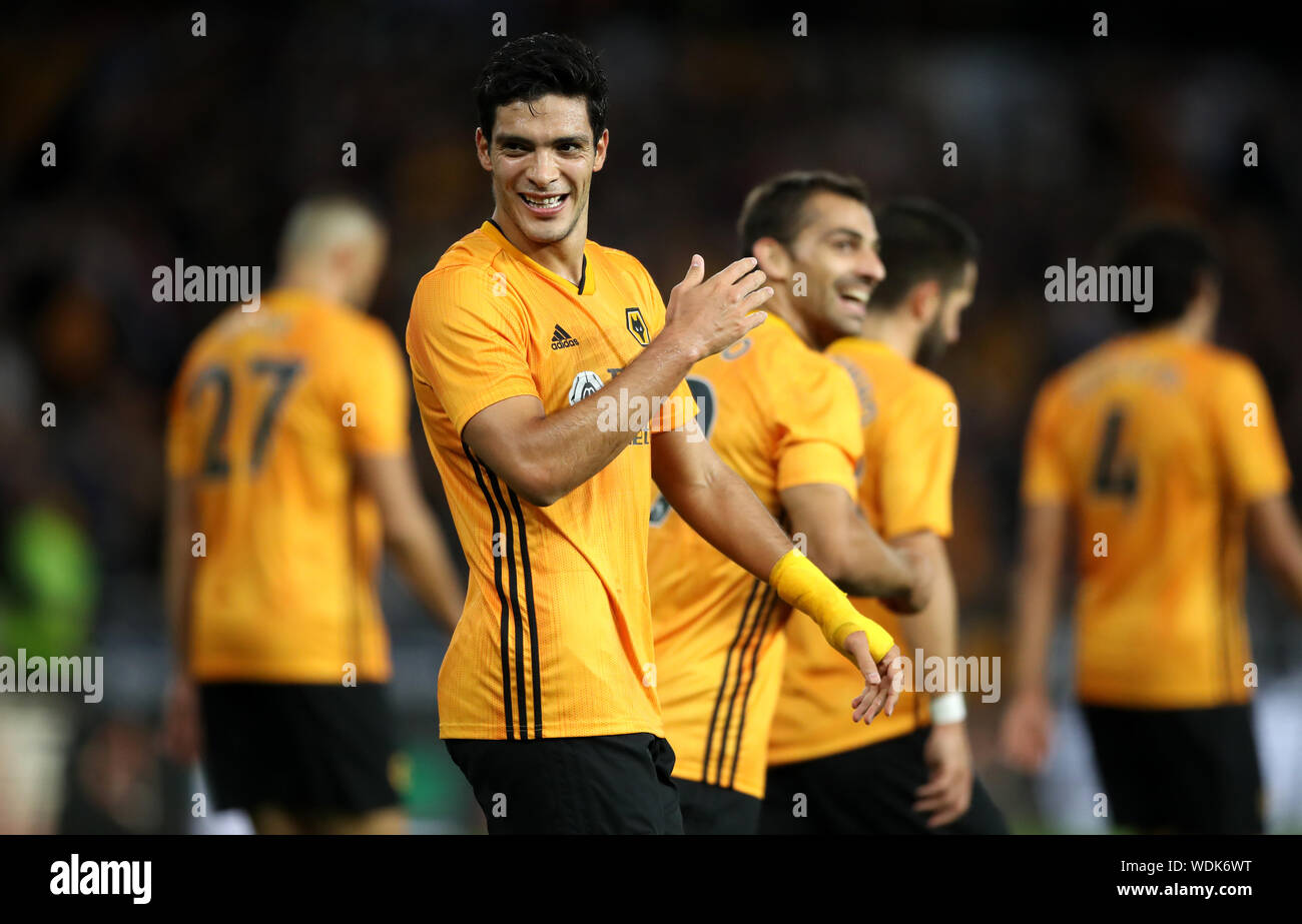 Wolverhampton Wanderers's Raul Jimenez celebrates scoring his side's first goal of the game during the UEFA Europa League match at Molineux, Wolverhampton. Stock Photo