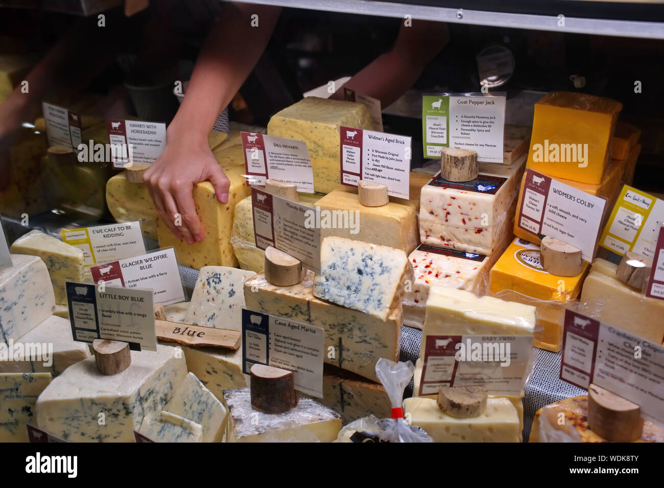 Madison, WI USA. Jul 2018. Assorted domestic and imported cheeses as an