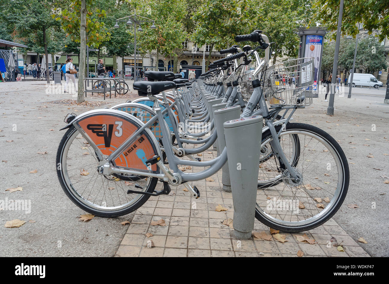 Bicycle rental stand in Bordeaux, France, in September 2013 Stock Photo