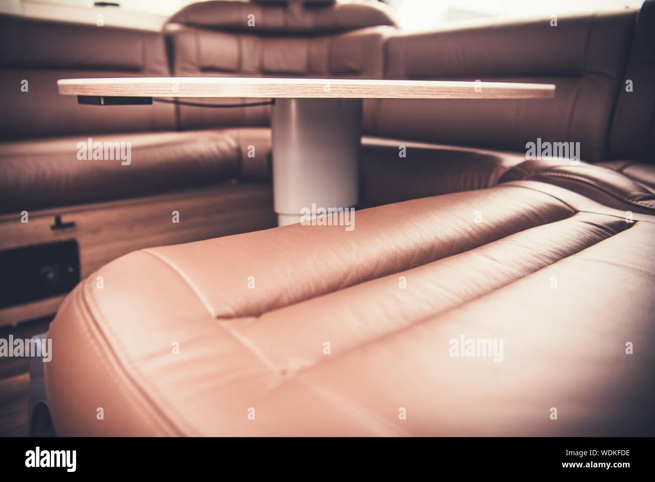 Elegant RV Dinette Section. Travel Trailer Dinning. Recreational Vehicle Interior. Stock Photo