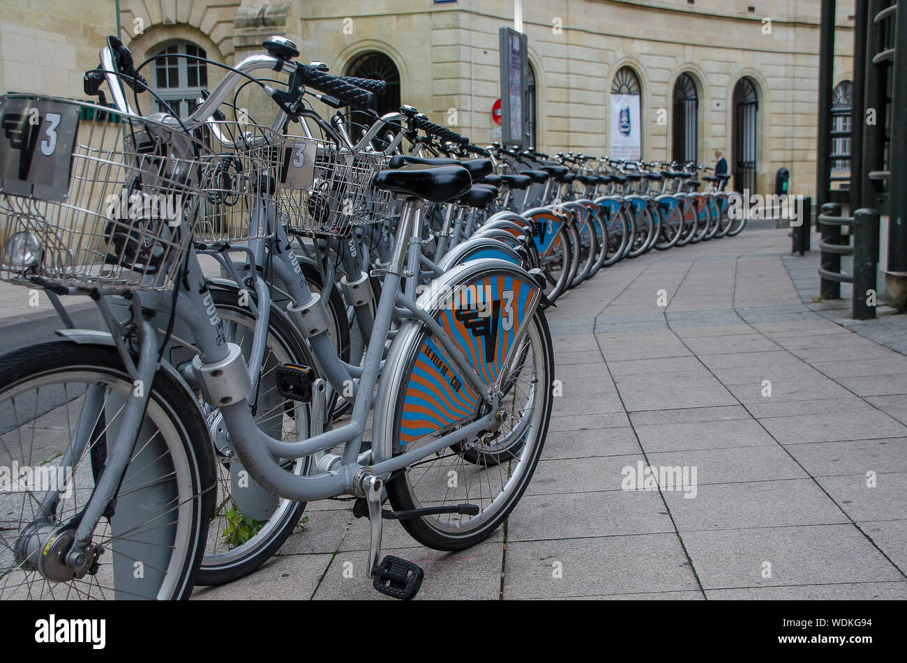 Bicycle rental stand in Bordeaux, France, in September 2013 Stock Photo