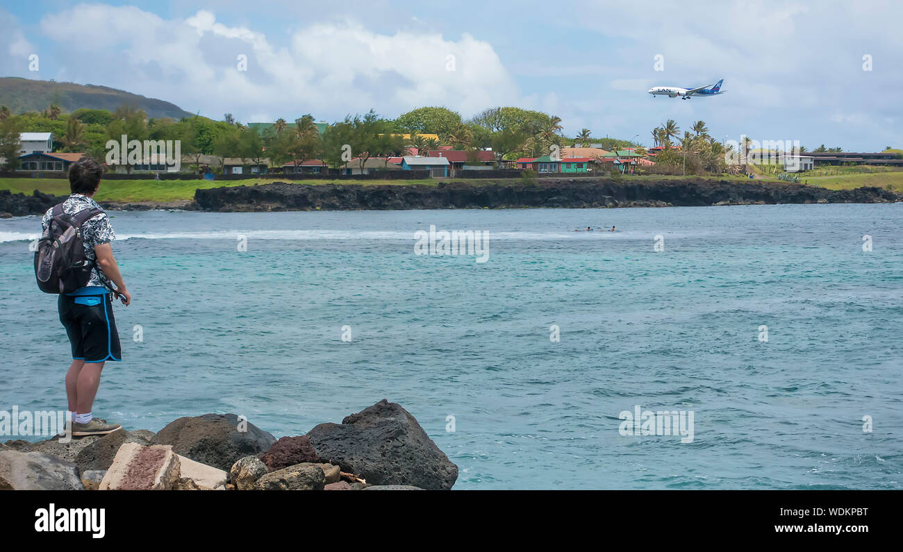 airplane coming in to land at Hanga Roa on Easter Island Stock Photo