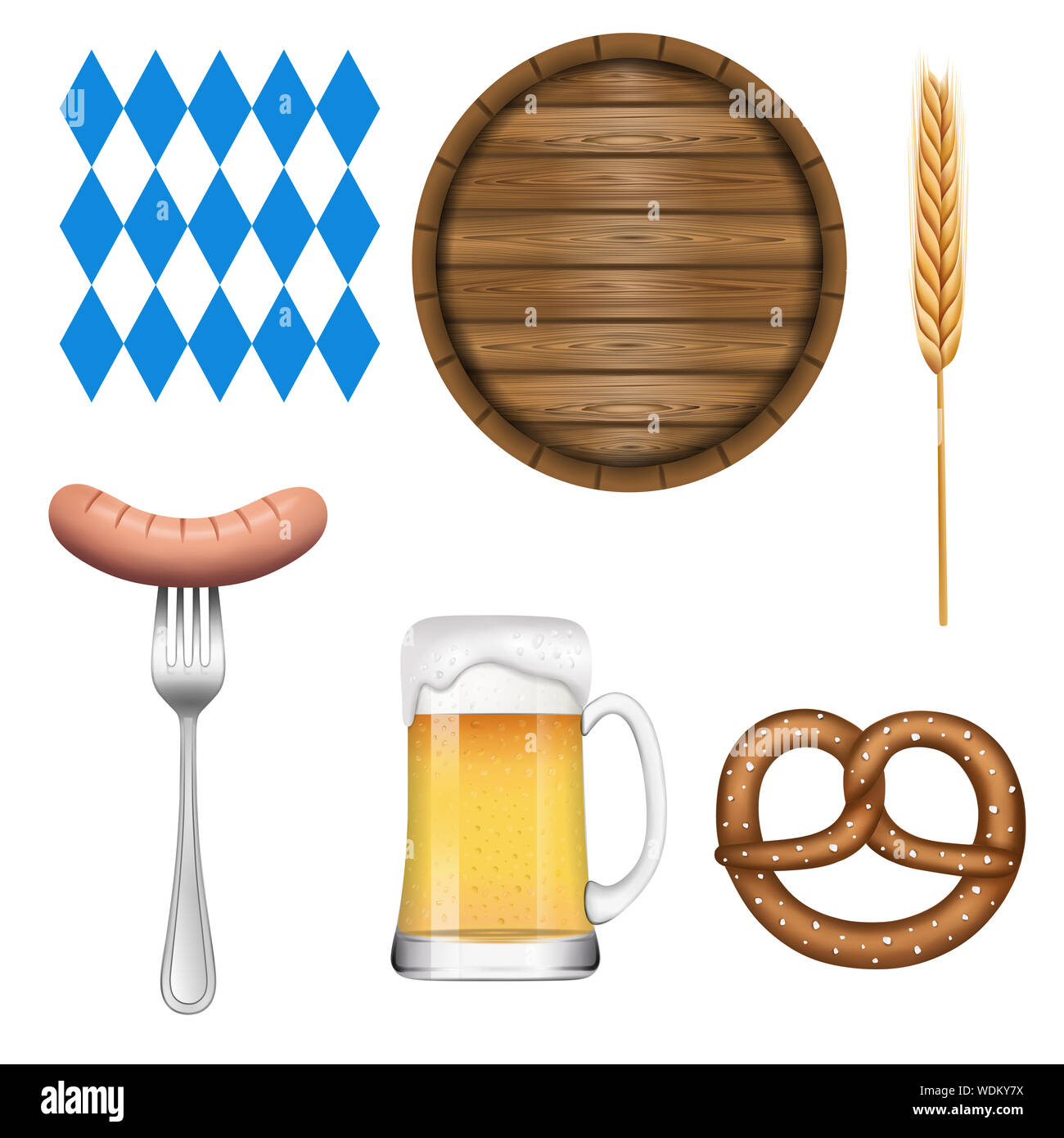 Set oktoberfest elements  beer mug, fork, frankfurter, wooden barrel, oktoberfest pattern, pretzel and ear of corn Stock Photo