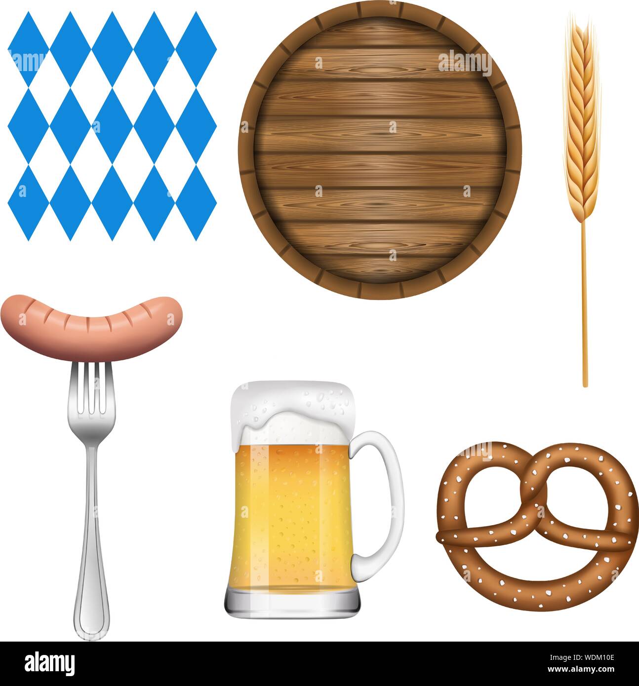 Set oktoberfest elements  beer mug, fork, frankfurter, wooden barrel, oktoberfest pattern, pretzel and ear of corn Stock Vector