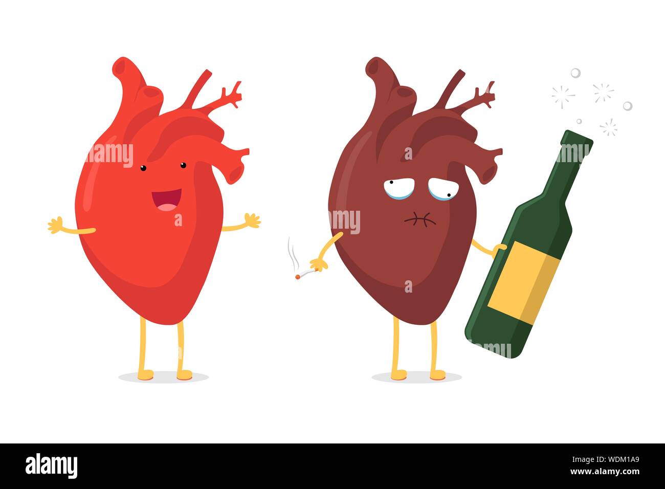 Sad unhealthy sick human heart with alcohol bottle and smoking cigarette and strong healthy happy cartoon character. Vector cartoon mascot comparison illustration Stock Vector