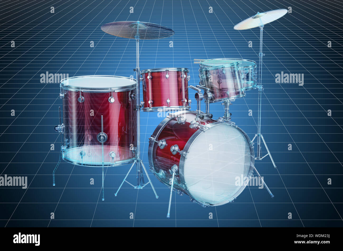 Visualization 3d cad model of drum kit, blueprint. 3D rendering Stock Photo