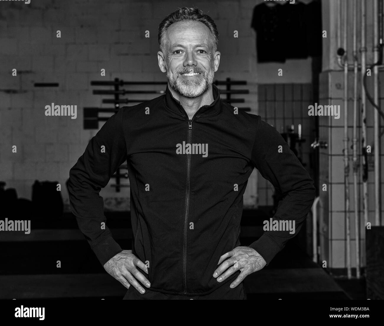 Portrait of an attractive fit middle aged man in a fitness studio. Bearded grey haired man with black sweatshirt jacket is looking into the camera. Stock Photo