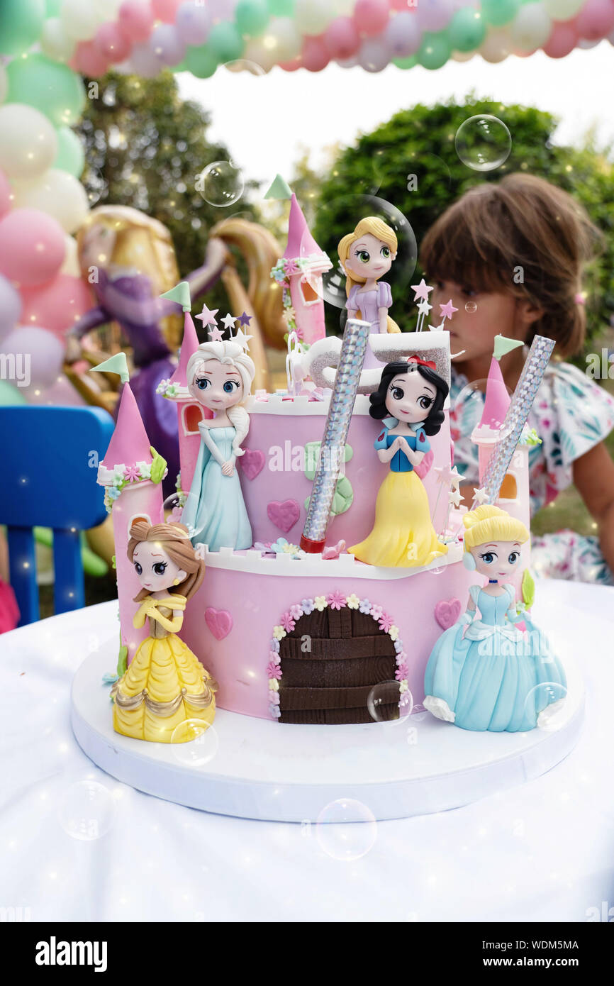 Birthday celebration with pink princess cake Stock Photo - Alamy