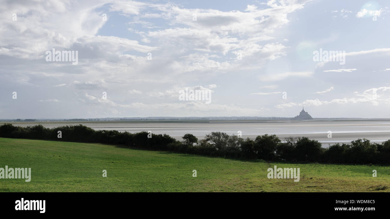 Panoramic view of Mont Saint Michel from Avranches. Stock Photo