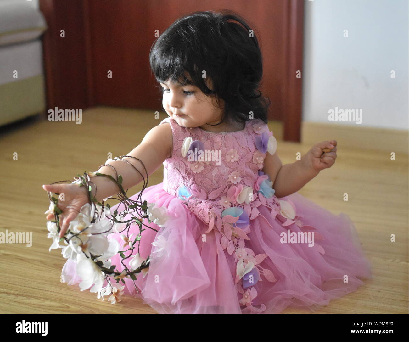 Cute Baby Girl In Pink Princess Dress Stock Photo Alamy