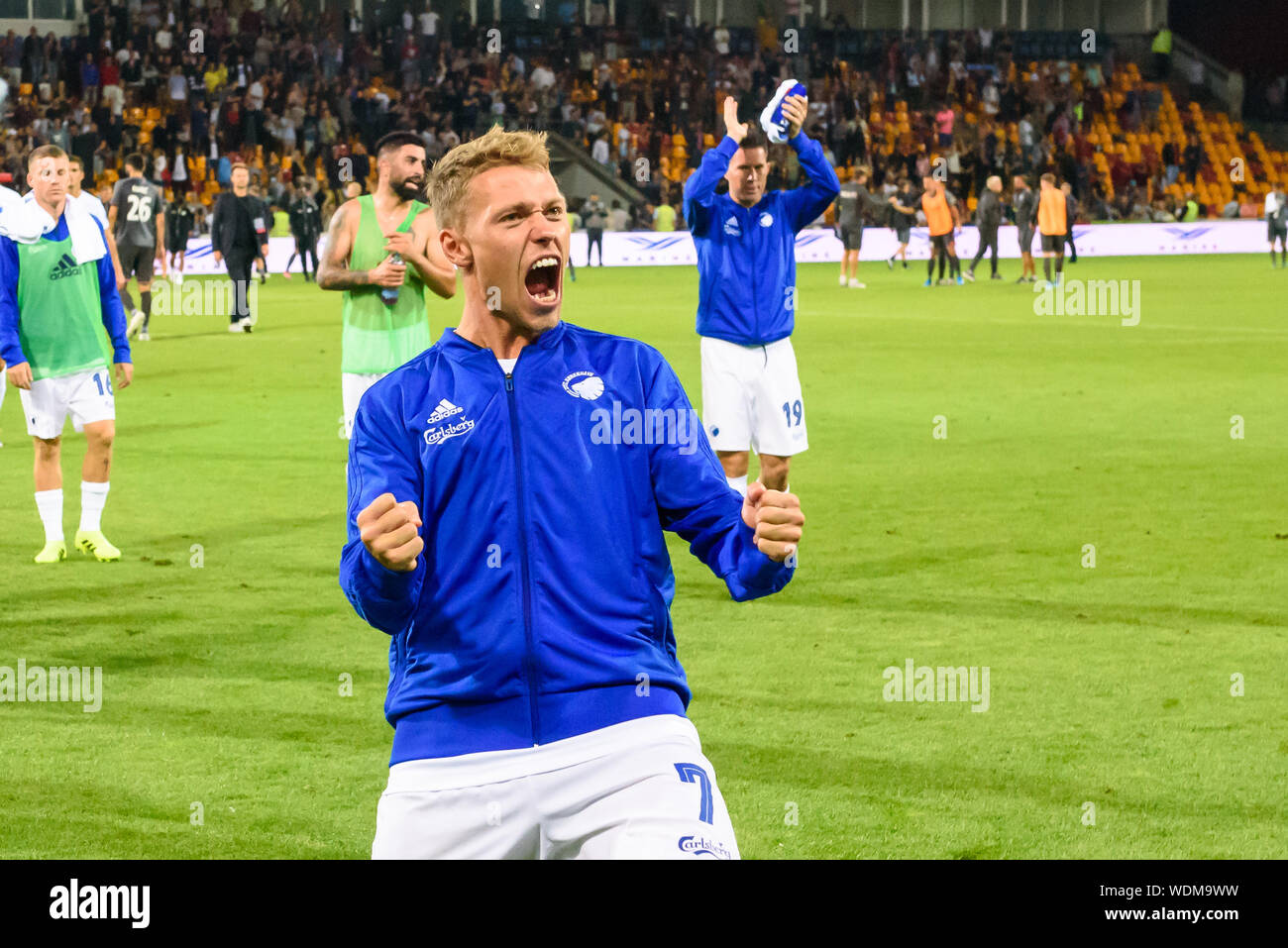 RIGA, Latvia. 29th Aug, 2019. Viktor Fischer reacts emotionally after win at UEFA Europa League Play-off 2nd leg football game between team RIGA FC and team København. Skonto stadium, Riga. Credit: Gints Ivuskans/Alamy Live News Stock Photo