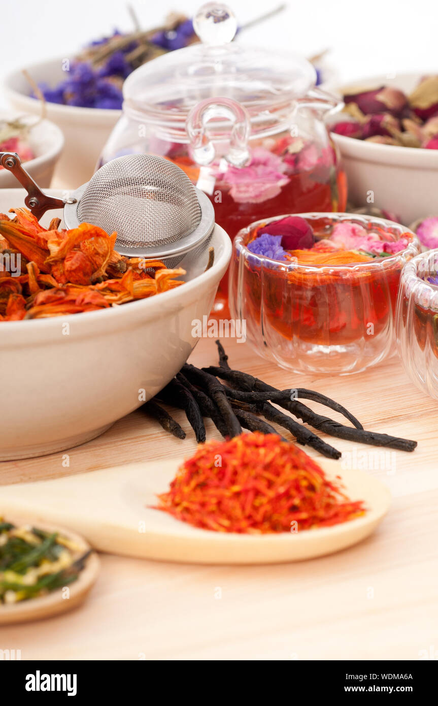 Herbal Tea In Container On Table Stock Photo Alamy