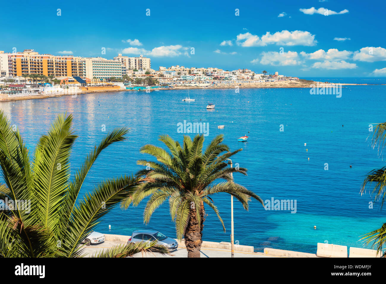 View of coastline St. Julian’s bay and Sliema. Malta Stock Photo