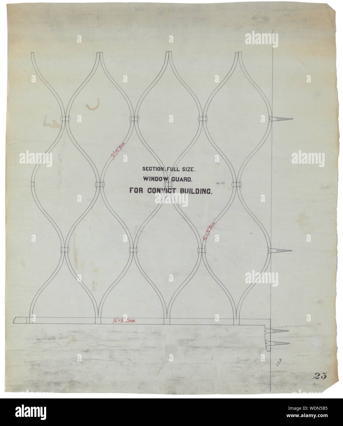 Government Hospital for the Insane (Saint Elizabeths Hospital), Washington, D.C. Building No. 12 (Howard Hall). Window guard. Section] / L.C.B Abstract/medium: 1 drawing : ink and red ink on linen  62.1 x 52.8 cm. Stock Photo