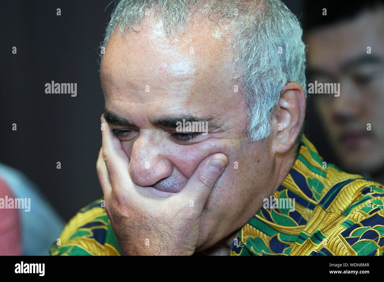 St. Louis, United States. 29th Aug, 2019. Chess Grand Master, Garry Kasparov watches the first round of exhibition team play for those that participated in the Sinquefield Cup Tournament at the Saint Louis Chess Club in St. Louis on Thursday, August 29, 2019. Kasparov, the former world chess champion, is considered to be the greatest chess player of all time. Photo by Bill Greenblatt/UPI Credit: UPI/Alamy Live News Stock Photo