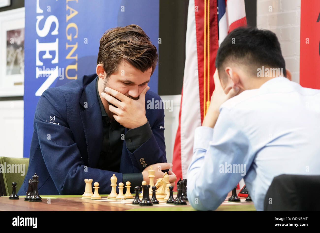 St. Louis, United States. 29th Aug, 2019. Chess Grand Master Magnus Carlsen  concentrates on a move while playing Grand Master Ding Liren during their  final playoff round of the Sinquefield Cup Tournament