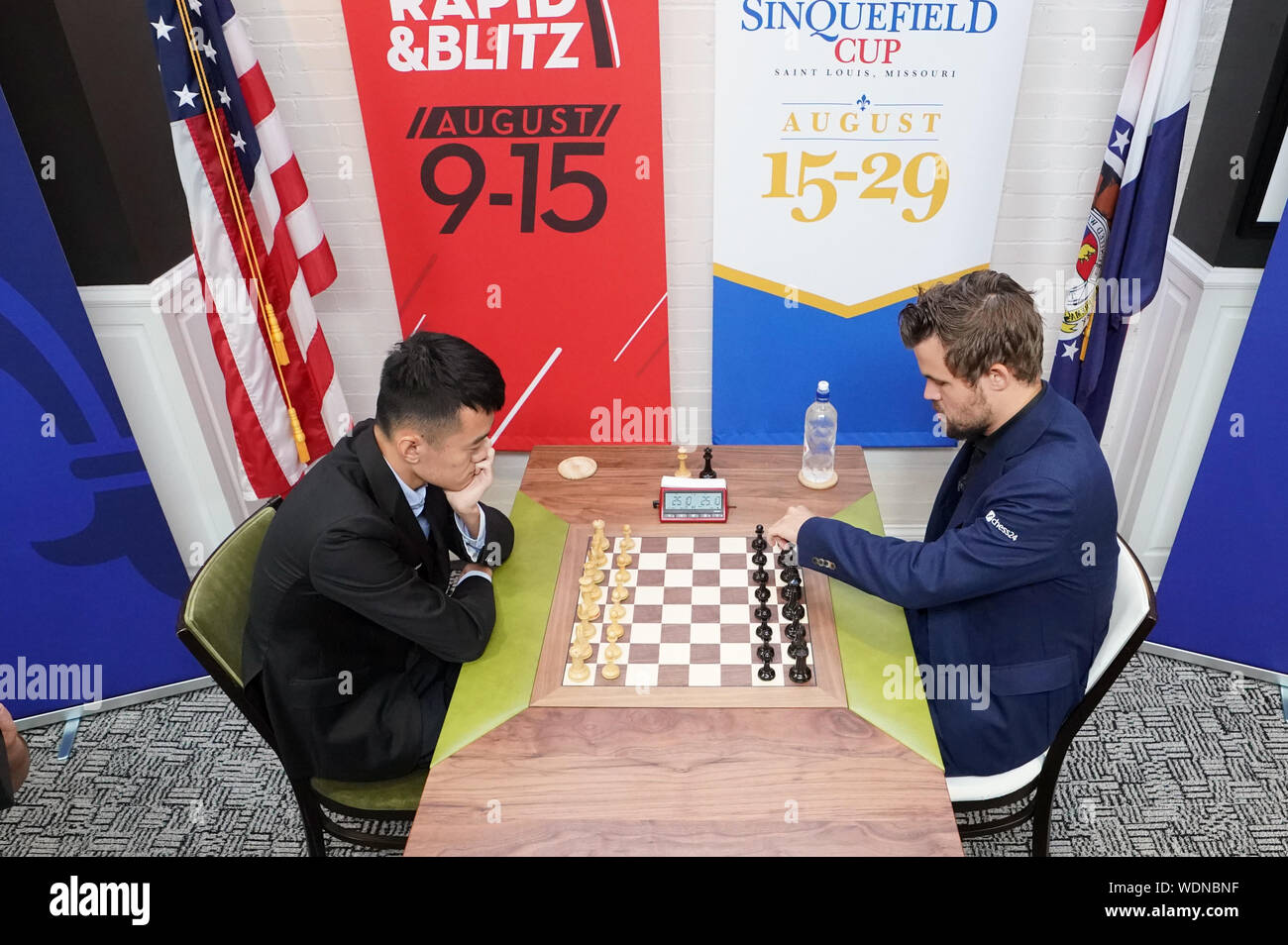 St. Louis, United States. 29th Aug, 2019. Chess Grand Master Magnus Carlsen  concentrates on a move while playing Grand Master Ding Liren during their  final playoff round of the Sinquefield Cup Tournament