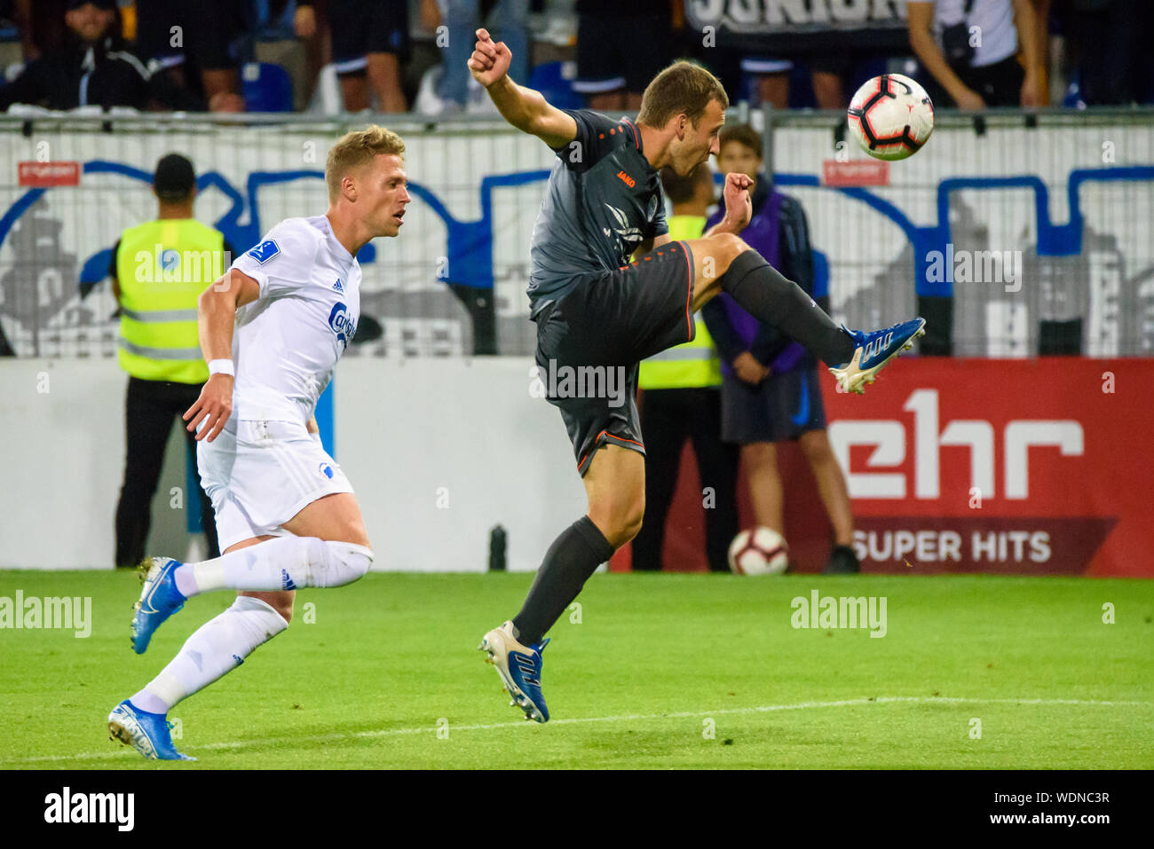RIGA, Latvia. 29th Aug, 2019. Armands Petersons (R) in action, during UEFA Europa League Play-off 2nd leg football game between team RIGA FC and team København. Skonto stadium, Riga. Credit: Gints Ivuskans/Alamy Live News Stock Photo