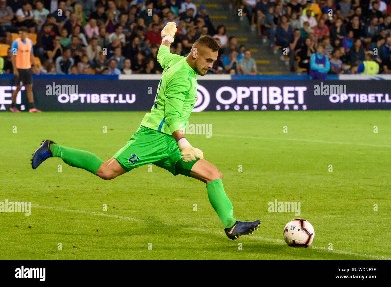 RIGA, Latvia. 29th Aug, 2019. Roberts Ozols in action, during UEFA Europa League Play-off 2nd leg football game between team RIGA FC and team København. Skonto stadium, Riga. Credit: Gints Ivuskans/Alamy Live News Stock Photo