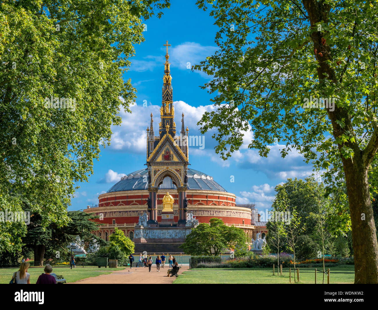 The Albert memorial statue monument against the Royal Hall in Hyde park of London Stock Photo