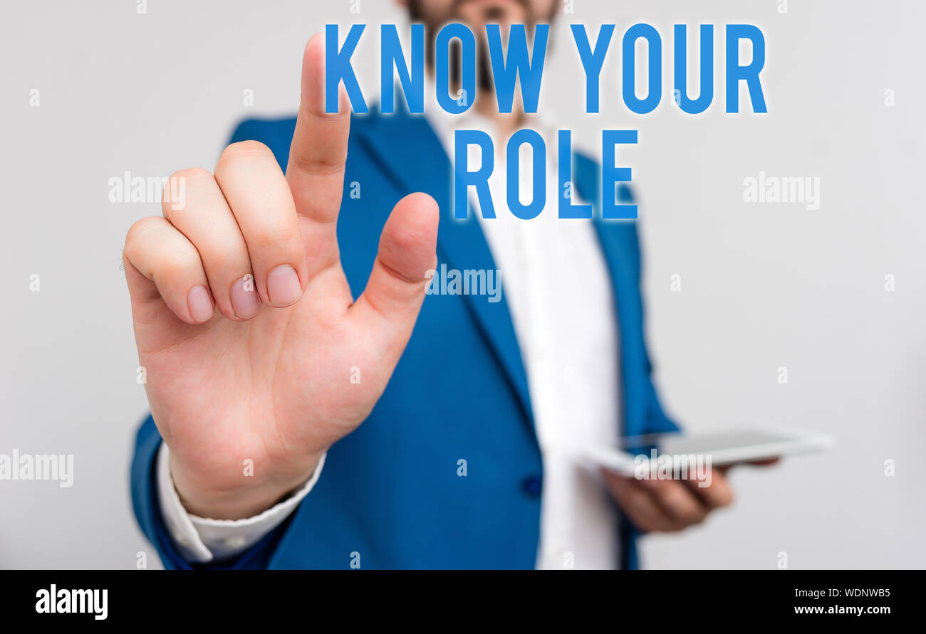 Conceptual Hand Writing Showing Know Your Role Concept Meaning End Acting Outside Who You Actually Are Play Your Position Businessman With Pointing F Stock Photo Alamy