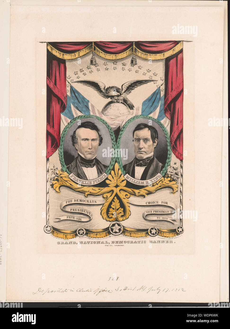 Grand, national, democratic banner - press onward / lith. & pub. by N. Currier. Abstract: 1 print : lithograph, hand-colored  29.7 x 23.3 cm (image), 44.3 x 32 cm (sheet) Stock Photo