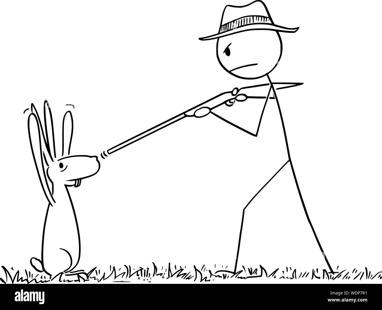Vector cartoon stick figure drawing conceptual illustration of man with rifle or hunter pointing his gun at rabbit or hare or jackrabbit. Animal surrendered with paws or hands up. Stock Vector