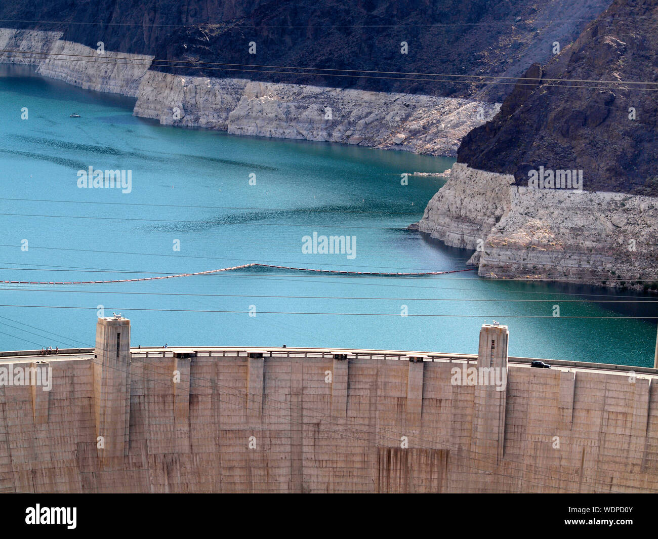 Aerial view of the Top of Hoover Dam, Road, Lake Mead, Colorado River