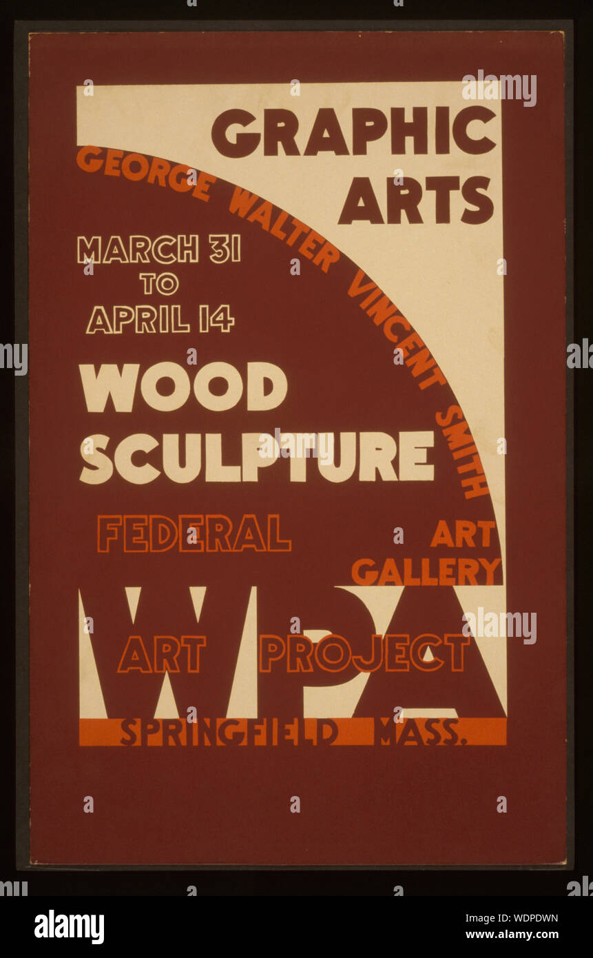 Graphic arts - wood sculpture, George Walter Vincent Smith Art Gallery, Springfield, Mass Abstract: Poster announcing graphic arts and wood sculpture exhibition at the George Walter Vincent Smith Art Gallery, Springfield, Mass. Stock Photo