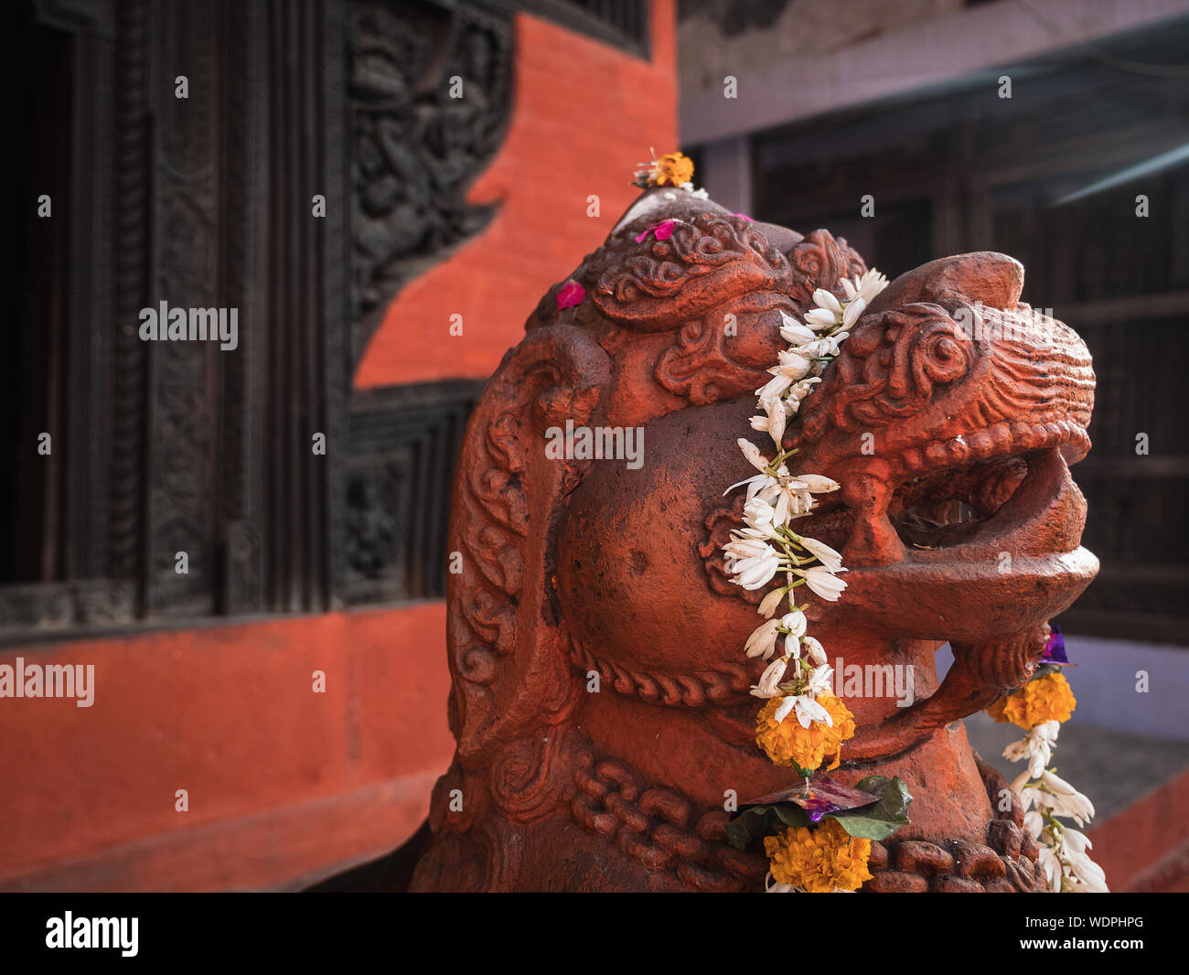 Stone dragon sculpture at Ancient Hindu Nepali Mandir Temple, dedicated to Lord Shiva,  Varanasi, Uttar Pradesh, India, Asia Stock Photo