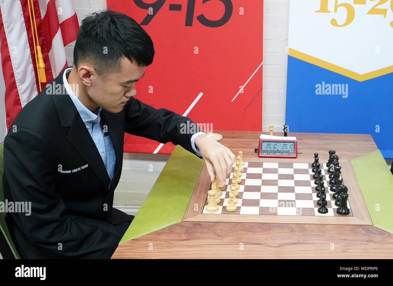 St. Louis, United States. 29th Aug, 2019. Grand Master Ding Liren prepares his board before playing Chess Grand Master Magnus Carlsen during their final playoff round of the Sinquefield Cup Tournament at the Saint Louis Chess Club in St. Louis on Thursday, August 29, 2019. Liren defeated Carlsen. Photo by Bill Greenblatt/UPI Credit: UPI/Alamy Live News Stock Photo